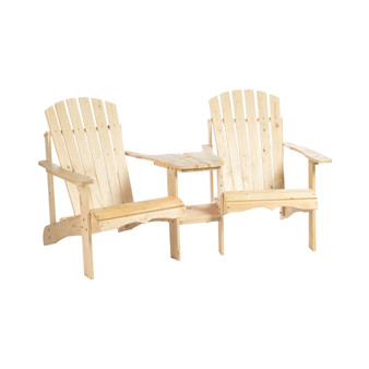 Set of 2 Wooden Adirondack Chairs, Outdoor Double Seat with Center Table and Umbrella Hole for Patio, Backyard, Deck, Fire Pit, Natural