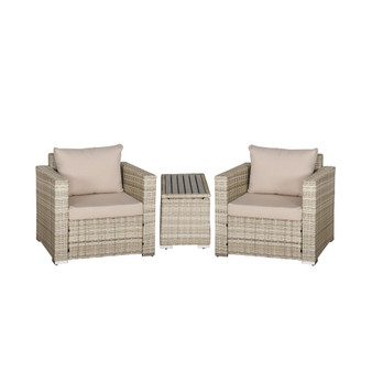 3-Piece PE Rattan Wicker Sofa Sets Outdoor Armchair Sofa Furniture Set w/ Plastic Wood Grain Side Table and Washable Cushions, Grey