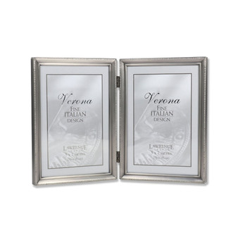 Antique Pewter Hinged Double Picture Frame - Bead Border Design - 5" x 7"