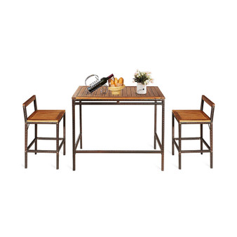 3 PCS Patio Rattan Wicker Bar wood Table Chair Outdoor