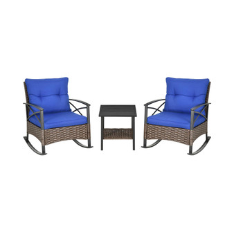 3 Piece Rocking Wicker Bistro Set, Outdoor Patio Furniture Set with two Porch Rocker Chairs, Cushions, Two-Tier Coffee Table for Garden, Backyard, Dark Blue