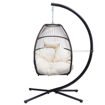 Outdoor Patio Wicker Folding Hanging Chair, Rattan Swing Hammock Egg Chair With C Type Bracket, With Cushion And Pillow
