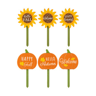 15" H Fall Wooden Pumpkin Sunflower Yard Stake, Set of 6