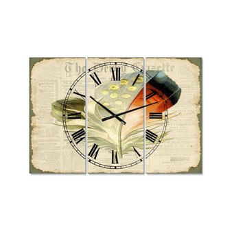 Colorful Elegant Feather On Old Style Newspaper IV Large Cottage 3 Panels Wall Clock - 23" x 23" x 1"
