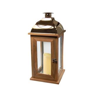 Lumabase Brown Wooden Lantern with Copper Roof and LED Candle