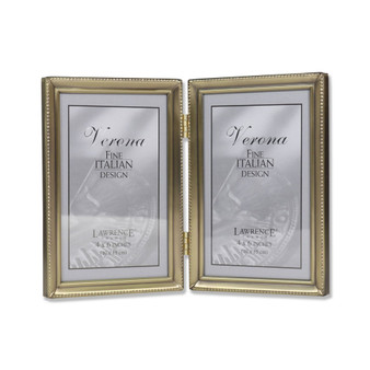 Antique Brass Hinged Double Picture Frame - Bead Border Design - 4" x 6"