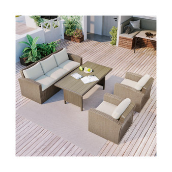 Outdoor Patio Furniture Set 4-Piece Conversation Set Wicker Furniture Sofa Set with Beige Cushions