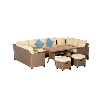 6 Pieces Patio Wicker Conversation Furniture Sets, Outdoor All Weather PE Rattan Sectional Sofa Set, with Wood Grain Plastic Coffee Table & Cushions for Lawn, Garden, Grey/Khaki
