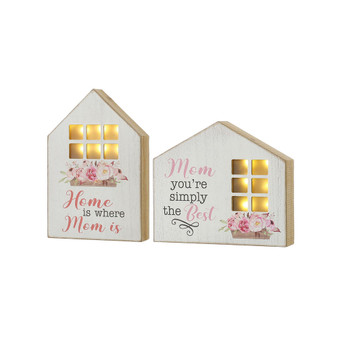 Lighted Mother's Day Wooden House Shaped Table Sign, Set of 2