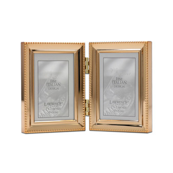 Polished Metal Hinged Double Picture Frame - Bead Border Design, 2.5" x 3.5"