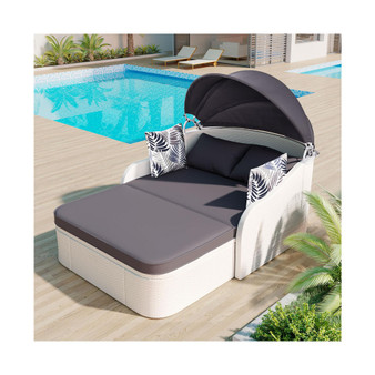 79.9" Outdoor Sunbed with Adjustable Canopy, Double lounge, PE Rattan Daybed, White Wicker, Gray Cushion