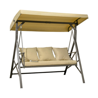 3-Seat Patio Swing Chair, Outdoor Canopy Swing Glider with Cushion with 3 Throw Pillows & Adjustable Shade for Porch, Garden, Poolside, Backyard, Khaki