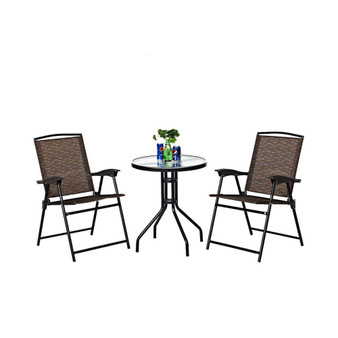 3PC Bistro Patio Garden Furniture Set 2 Folding Chairs Glass Table Top Steel