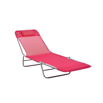 Portable Sun Lounger, Lightweight Folding Chaise Lounge Chair w/ Adjustable Backrest & Pillow for Beach, Poolside and Patio, Pink & Sliver