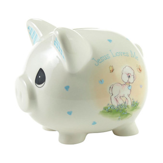 Jesus Loves Me Blue Ceramic Bank