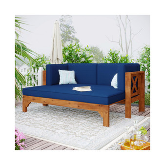 Outdoor Patio Extendable Wooden Sofa Set Sectional Furniture Set with Thick Cushions for Balcony, Backyard, Poolside, Brown Finish Blue Cushion