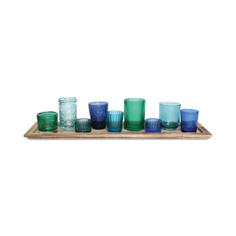 10-Pc. Wood Tray & Green Glass Votive Holders