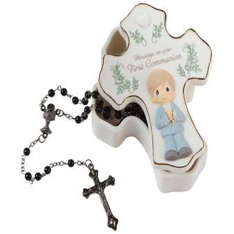 222408 Blessings On Your First Communion Boy Bisque Porcelain and Plastic Rosary Box with Rosary