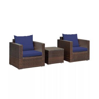 3PCS Patio Rattan Furniture Set Conversation Sofa Cushioned
