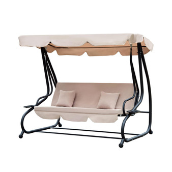 3 Seat Outdoor Free Standing Swing Bench Porch Swing with Stand, Comfortable Cushioned Fabric & Included Canopy, Brown