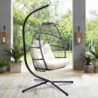 Outdoor Patio Wicker Folding Hanging Chair, Rattan Swing Hammock Egg Chair With Cushion And Pillow