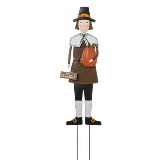 Metal Thanksgiving Pilgrim Boy Yard Stake, Standing Decor or Hanging Decor, 36"