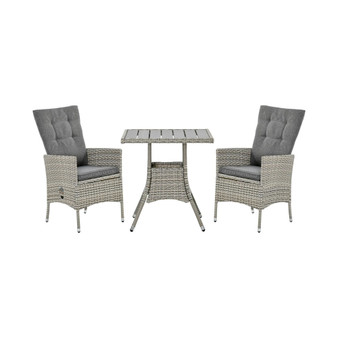 Patio Porch Furniture Set 3 Piece PE Rattan Wicker Reclining Chairs with Coffee Table, Arm Rests, Cushions, Faux Wood Tabletop, Conversation Set for Garden, Backyard, Balcony, Grey