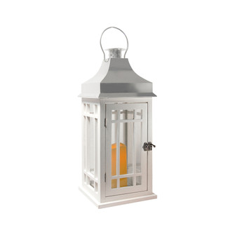 Lumabase White Wooden Lantern with Chrome Roof and LED Candle