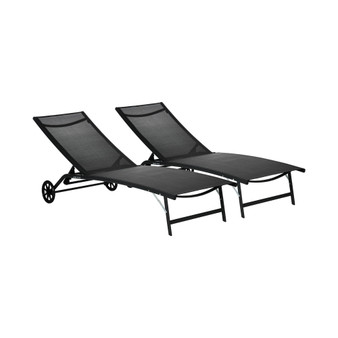Patio Chaise Lounge Chair Set of 2, 2 Piece Outdoor Recliner with Wheels, 5 Level Adjustable Backrest for Garden, Deck & Poolside, Black