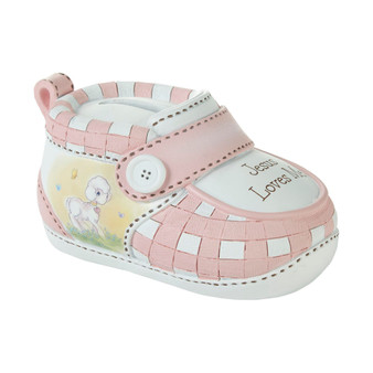Jesus Loves Me Pink Bootie Ceramic Bank