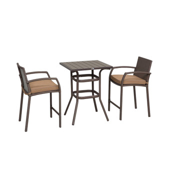 3 PCS Rattan Wicker Bar Set with Wood Grain Top Table and 2 Bar Stools for Outdoor, Patio, Poolside, Garden, Brown