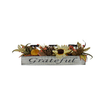 Autumn Harvest Sunflower 3 Piece Candle Holder in a "Grateful" Rustic Wooden Box Centerpiece Set, 30"