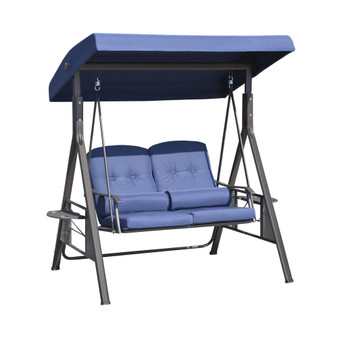 2-Person Patio Swing Bench with Adjustable Shade Canopy, Soft Cushions, Throw Pillows & Tray, Dark Blue