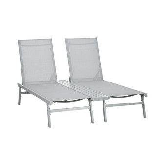 Chaise Lounge Pool Chairs, Conjoined Set of 2 Outdoor Sun Tanning Chairs with Five-Position Reclining Back, Shelf & Breathable Mesh for Beach, Yard, Patio, Light Gray