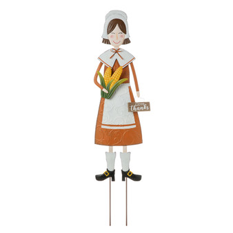 Metal Thanksgiving Pilgrim Girl Yard Stake, Standing Decor or Hanging Decor, 36"