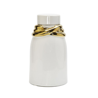 White Ceramic Jar with Lid and Gold-Tone Details