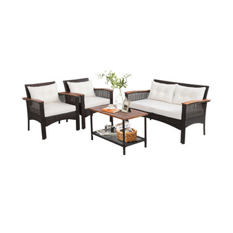 4PCS Patio Rattan Acacia Wood Furniture Set Cushion Sofa Armrest Deck