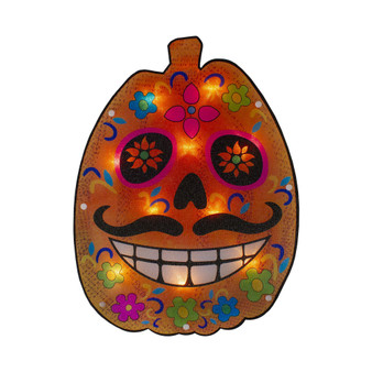 Lighted Sugar Skull Pumpkin Halloween Window Silhouette, 15"