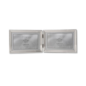 Polished Silver Plate Hinged Double Horizontal Picture Frame - Bead Border Design - 4" x 6"