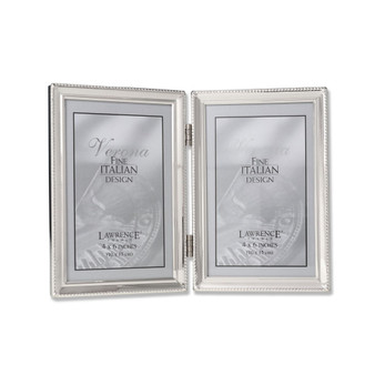 Polished Silver Plate Hinged Double Picture Frame - Bead Border Design - 4" x 6"