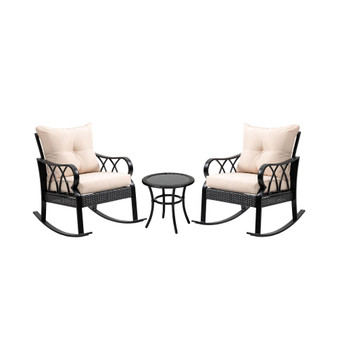 3-Piece Rocking Chair Bistro Set, Wicker Conversation Set, Outdoor Patio Rattan Furniture Set with Tempered Glass Side Table for Garden or Backyard, Khaki