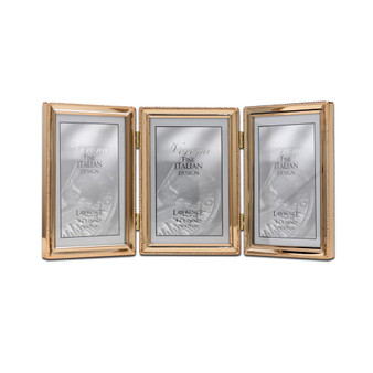 Polished Metal Hinged Triple Picture Frame - Bead Border Design, 4" x 6"