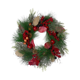 Autumn Harvest Pine Berry and Pomegranate Wreath Unlit, 24"