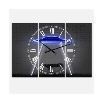 Neon Ufo Abducting Cow Large Modern 3 Panels Wall Clock - 23" x 23" x 1"