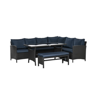 4 Pieces Patio Wicker Dining Sets, Outdoor PE Rattan Sectional Conversation Set with Cushions & Dining Table, Bench for Garden, Backyard, Lawn, Dark Coffee