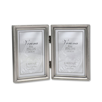 Antique Pewter Hinged Double Picture Frame - Beaded Edge Design - 3.5" x 5"