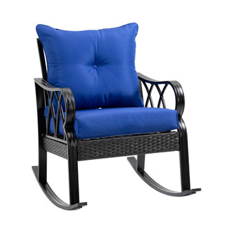 Outdoor Wicker Rocking Chair with Padded Cushions, Aluminum Furniture Rattan Porch Rocker Chair w/ Armrest for Garden, Patio, and Backyard, Blue