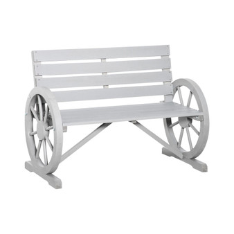 Wooden Wagon Wheel Bench, Rustic Outdoor Patio Furniture, 2-Person Seat Bench with Backrest, Light Grey