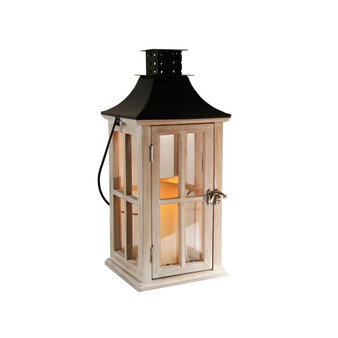 Lumabase White Washed Wooden Lantern with Black Roof and LED Candle