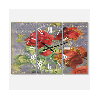 Red Poppies Large Cottage 3 Panels Wall Clock - 23" x 23" x 1"